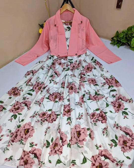 2 Pcs Stylish Floral Print Maxi Dress with Pink Jacket