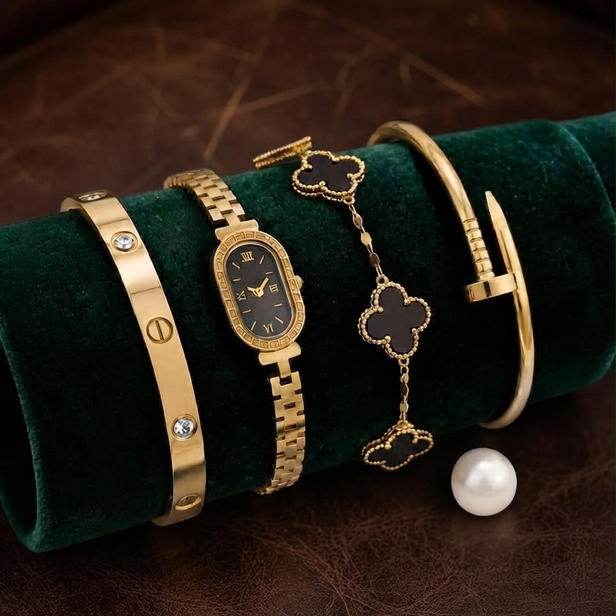 4 Pcs Stainless Steel Watch Bracelet & Bangle Set