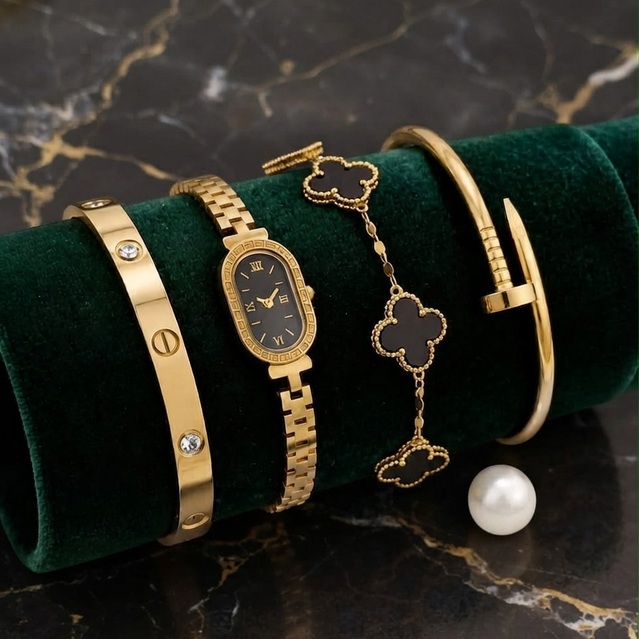 4 Pcs Stainless Steel Watch Bracelet & Bangle Set