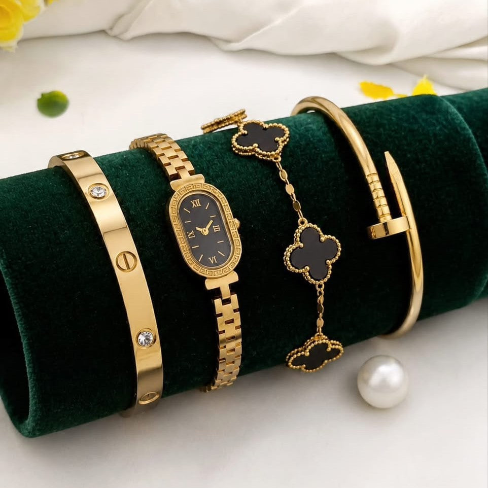 4 Pcs Stainless Steel Watch Bracelet & Bangle Set